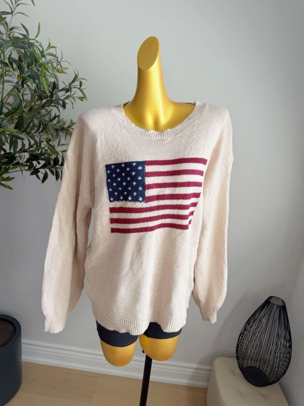 SHEIN Oatmeal American Flag Oversized Knit Sweater XL